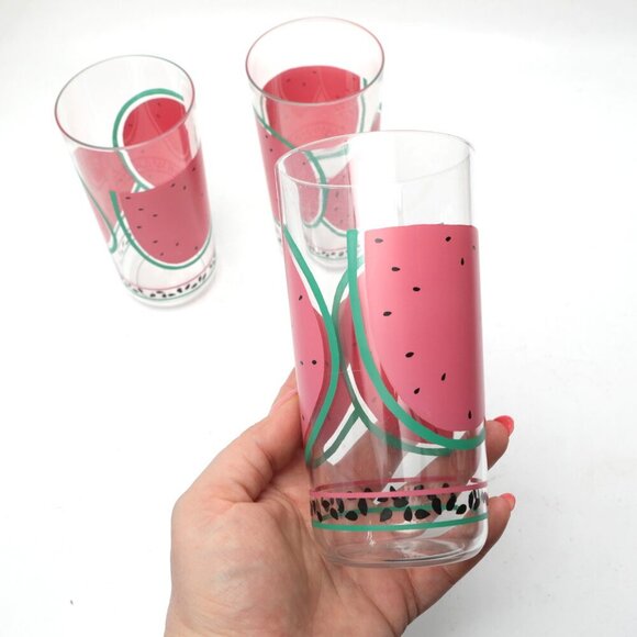 Vintage Watermelon Tumblers Drink Cups Plastic Lightweight Pink Green Clear x 3 - Picture 2 of 9